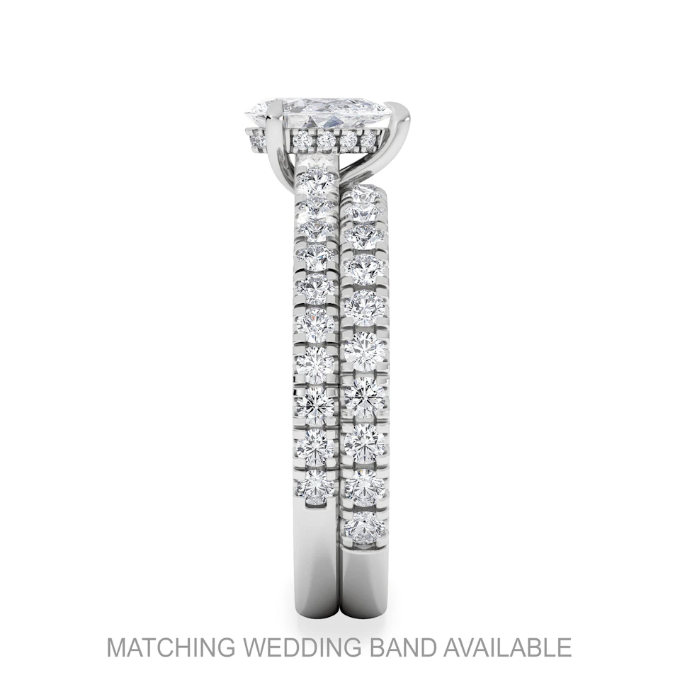 Amora Pear 0.97ct Hidden Halo Lab Diamond Engagement Ring With Side Stones Set in 18K White Gold