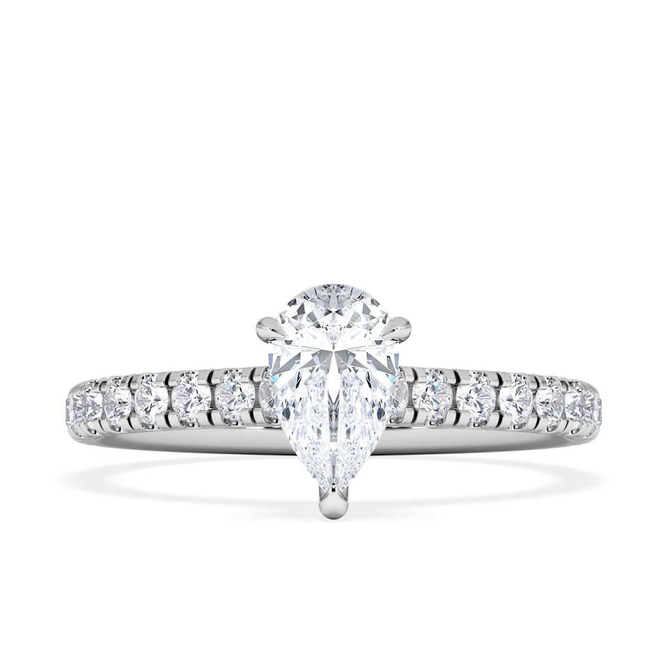 Amora Pear 0.97ct Hidden Halo Lab Diamond Engagement Ring With Side Stones Set in 18K White Gold