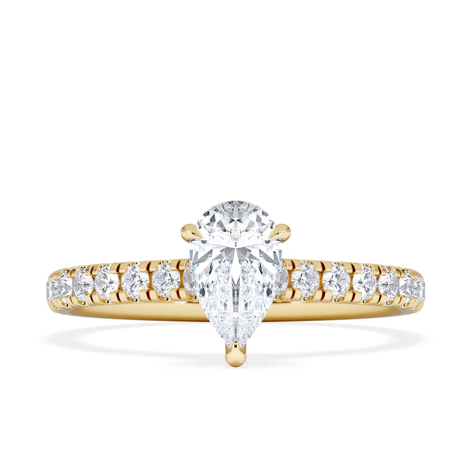 Amora Pear 0.97ct Hidden Halo Diamond Engagement Ring With Side Stones Set in 18K Gold