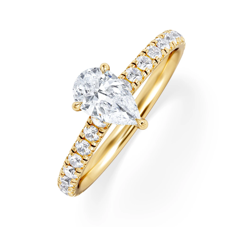 Amora Pear 0.97ct Hidden Halo Diamond Engagement Ring With Side Stones Set in 18K Gold