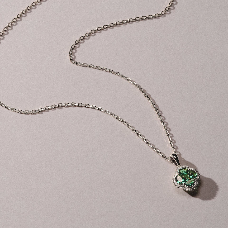 Alegria 0.75ct Lab Emerald Halo Pendant Necklace in Sterling Silver