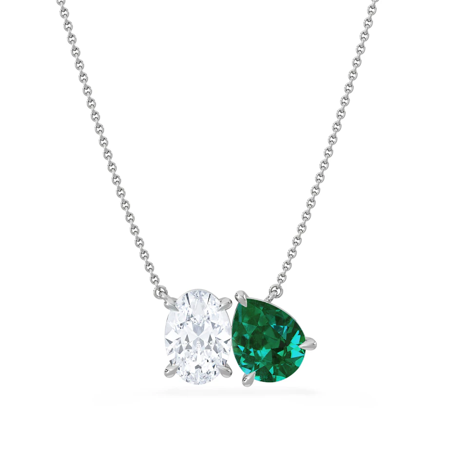 Toi Et Moi 1.50ct Oval Lab Diamond and 2.50ct Pear Lab Emerald Necklace in 18K White Gold