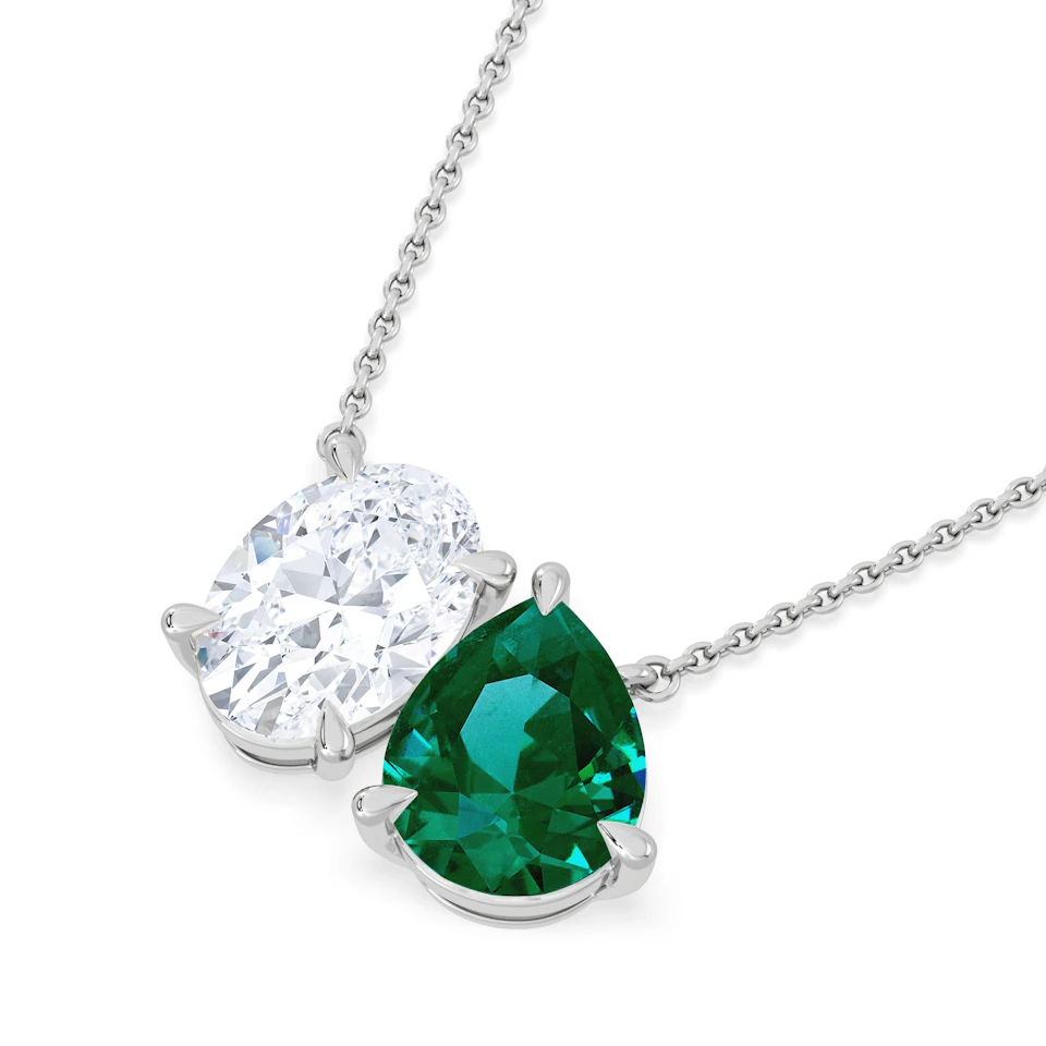Toi Et Moi 1.50ct Oval Lab Diamond and 2.50ct Pear Lab Emerald Necklace in 18K White Gold
