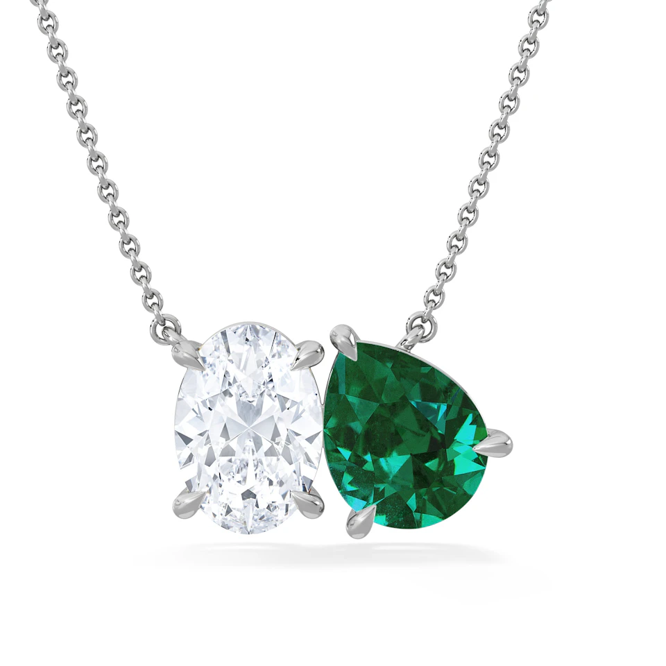 Toi Et Moi 1.50ct Oval Lab Diamond and 2.50ct Pear Lab Emerald Necklace in 18K White Gold