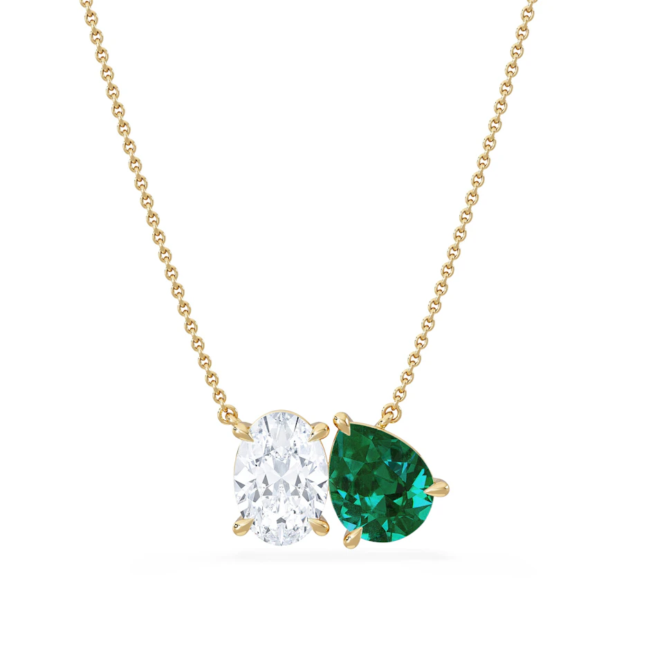 Toi Et Moi 1.50ct Oval Lab Diamond and 2.50ct Pear Lab Emerald Necklace in 18K Yellow Gold