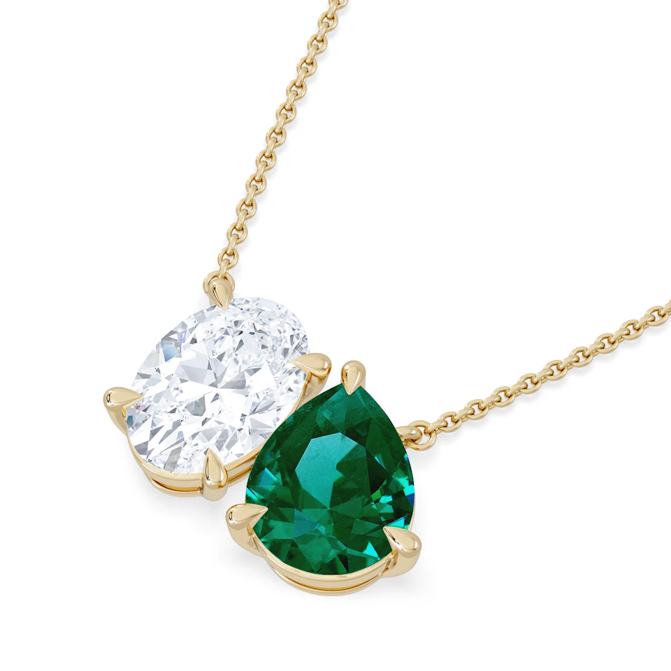 Toi Et Moi 1.50ct Oval Lab Diamond and 2.50ct Pear Lab Emerald Necklace in 18K Yellow Gold