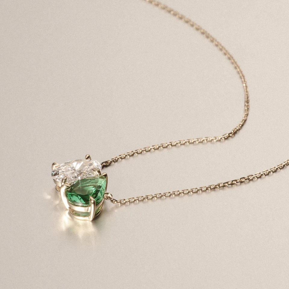Toi Et Moi 1.50ct Oval Lab Diamond and 2.50ct Pear Lab Emerald Necklace in 18K Yellow Gold