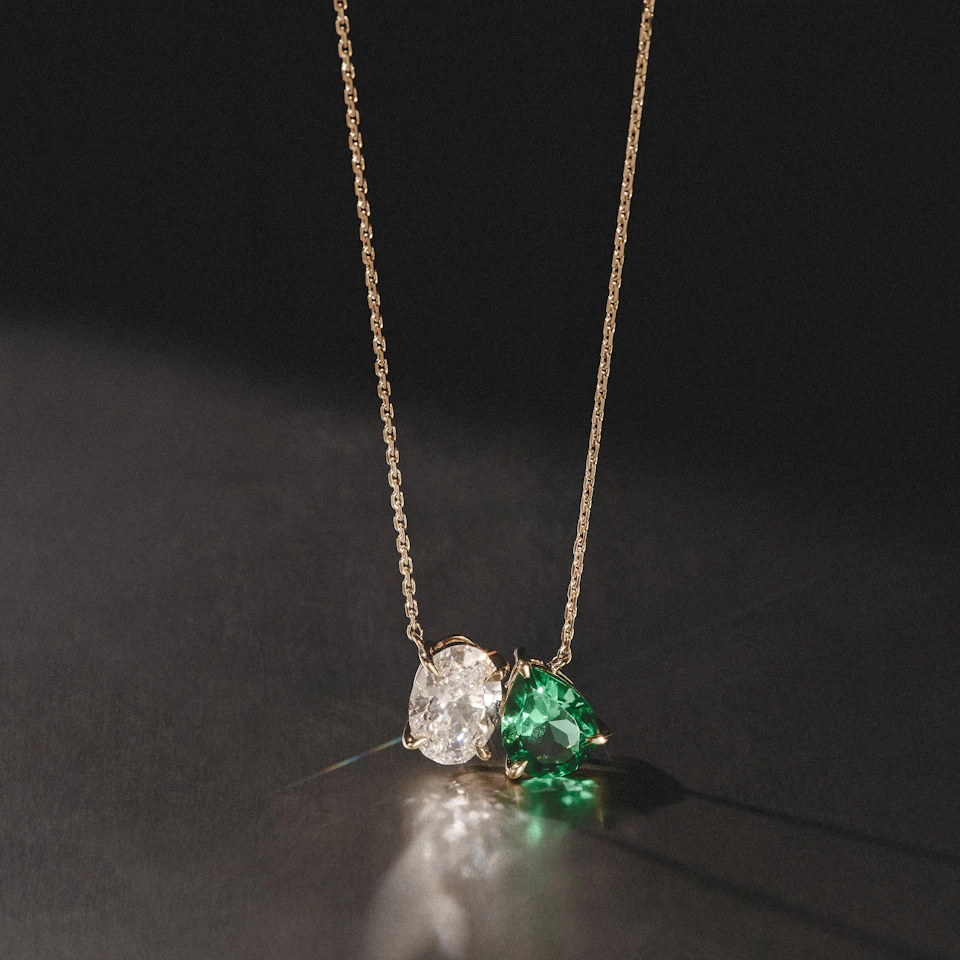 Toi Et Moi 1.50ct Oval Lab Diamond and 2.50ct Pear Lab Emerald Necklace in 18K Yellow Gold