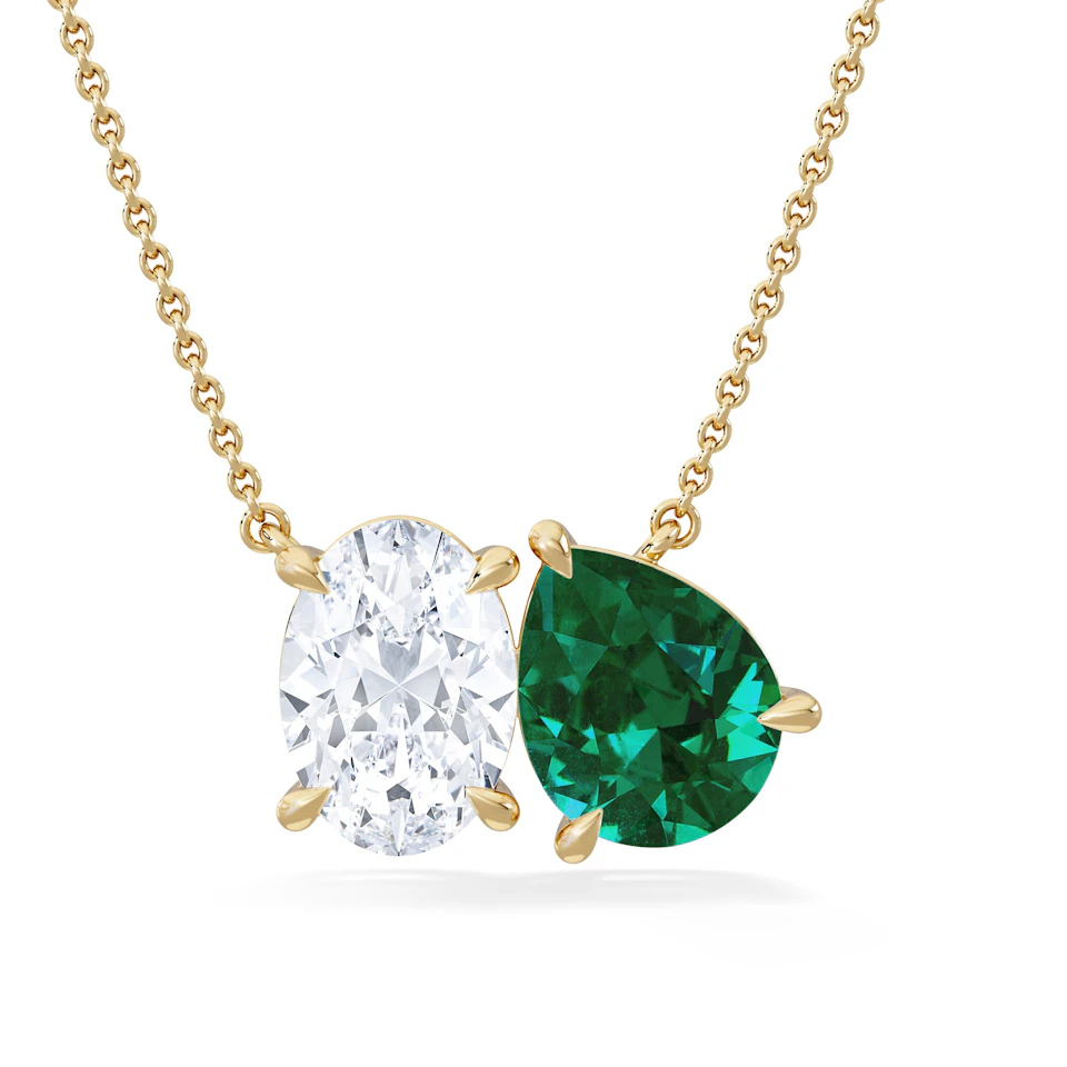 Toi Et Moi 1.50ct Oval Lab Diamond and 2.50ct Pear Lab Emerald Necklace in 18K Yellow Gold