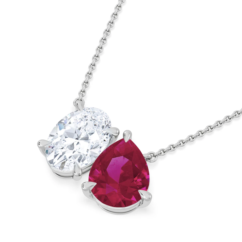 Toi Et Moi 1.50ct Oval Lab Diamond and 2.50ct Pear Lab Ruby Necklace in 18K White Gold