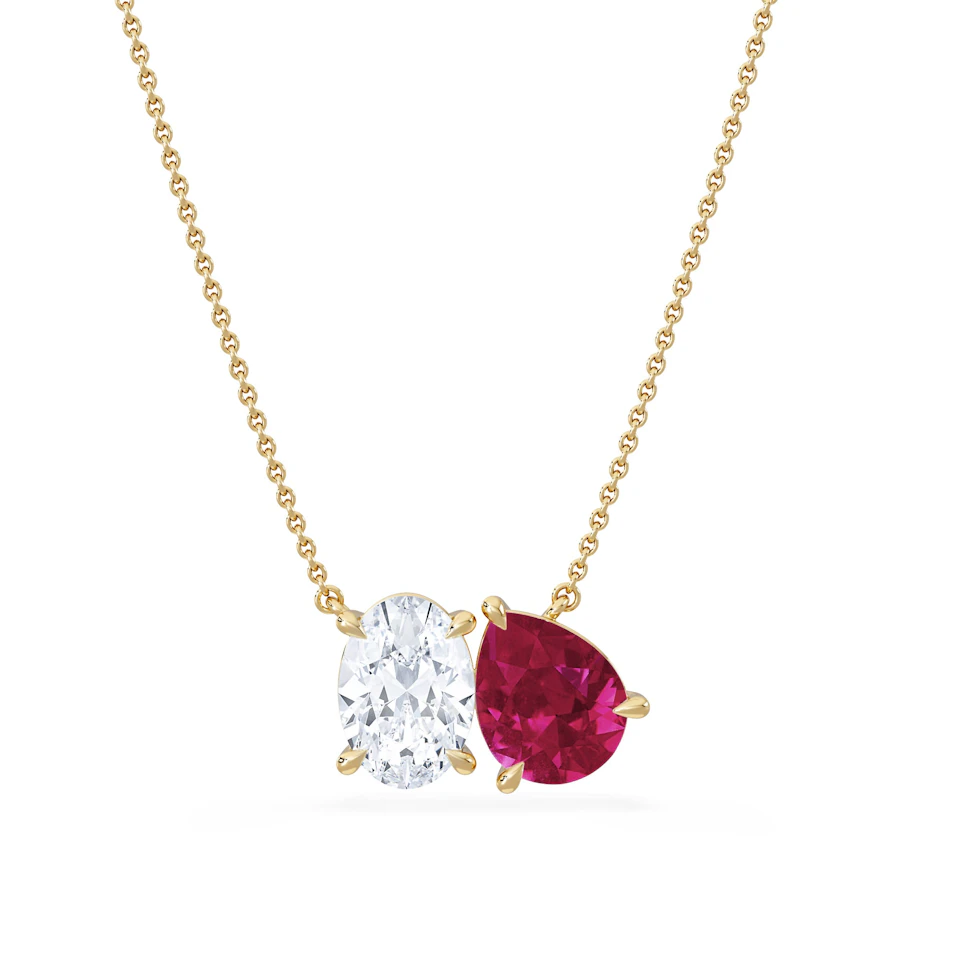 Toi Et Moi 1.50ct Oval Lab Diamond and 2.50ct Pear Lab Ruby Necklace in 18K Yellow Gold