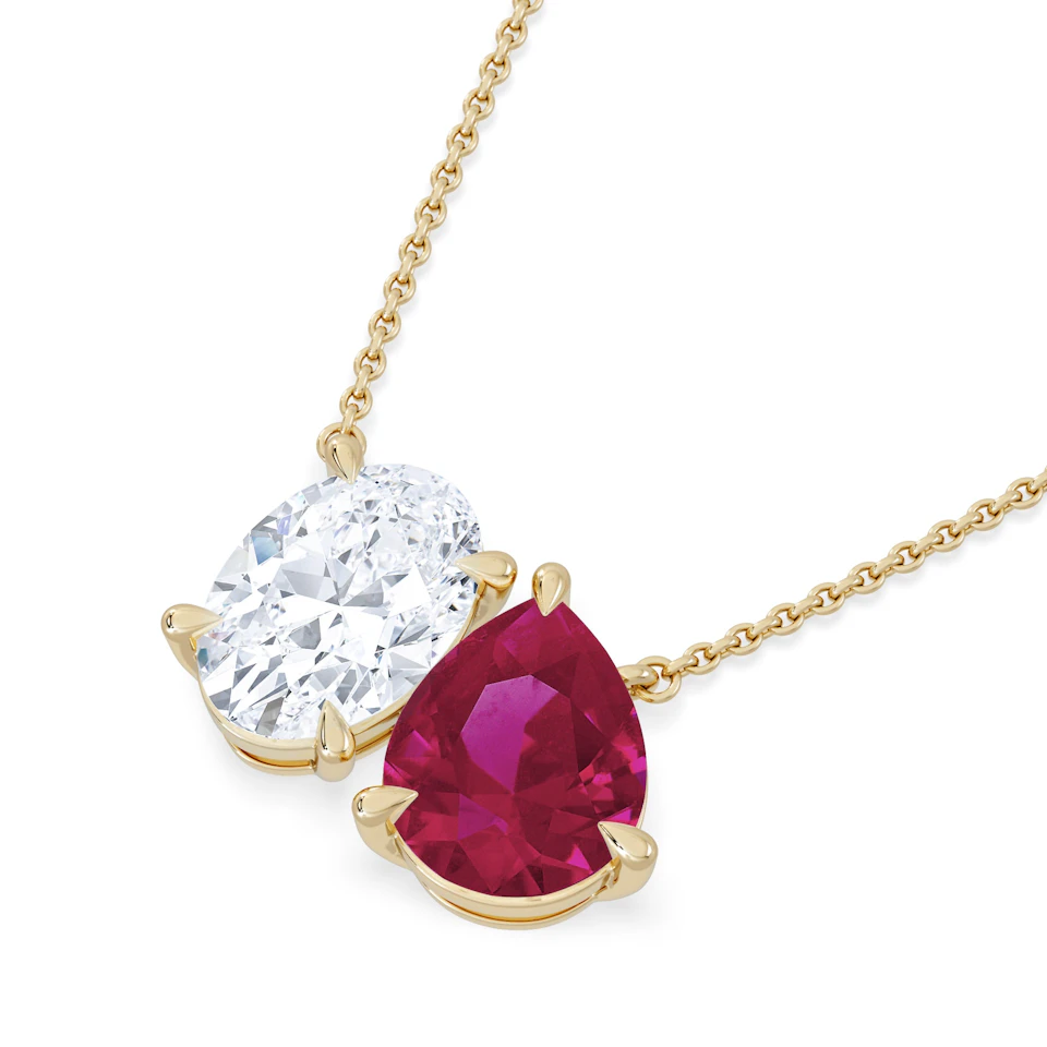 Toi Et Moi 1.50ct Oval Lab Diamond and 2.50ct Pear Lab Ruby Necklace in 18K Yellow Gold