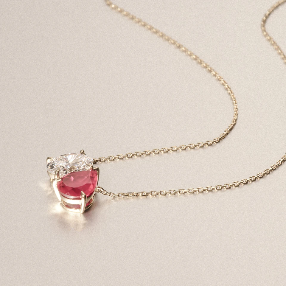 Toi Et Moi 1.50ct Oval Lab Diamond and 2.50ct Pear Lab Ruby Necklace in 18K Yellow Gold
