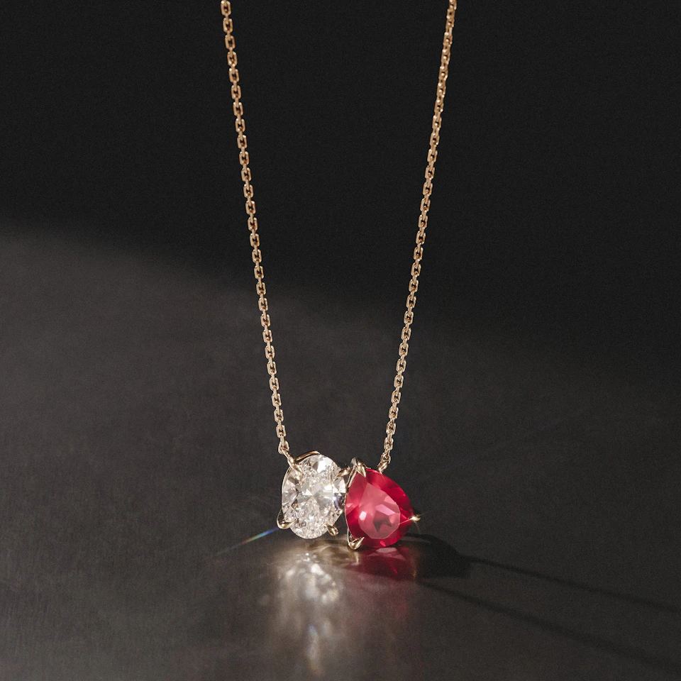 Toi Et Moi 1.50ct Oval Lab Diamond and 2.50ct Pear Lab Ruby Necklace in 18K Yellow Gold