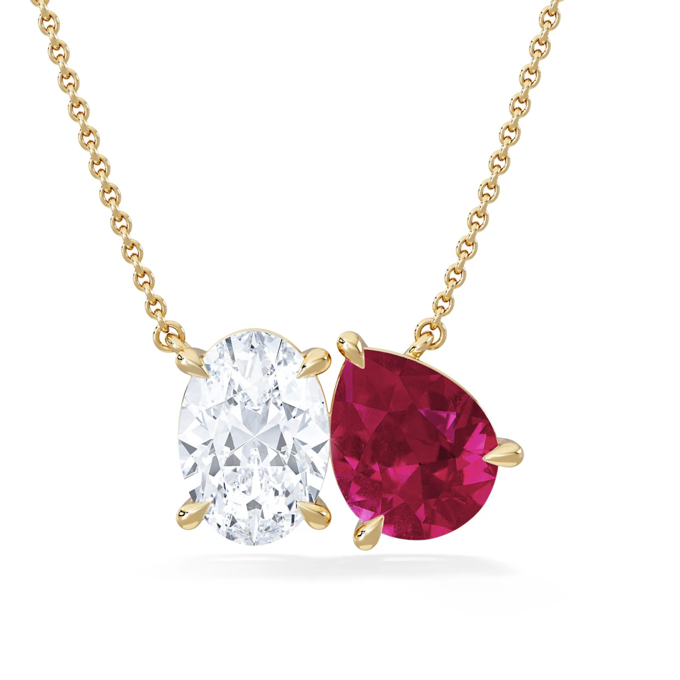 Toi Et Moi 1.50ct Oval Lab Diamond and 2.50ct Pear Lab Ruby Necklace in 18K Yellow Gold