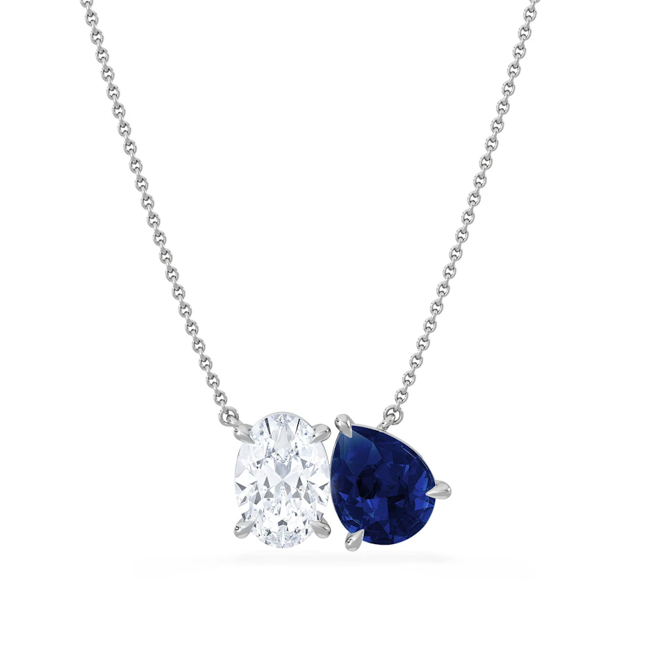 Toi Et Moi 1.50ct Oval Lab Diamond and 2.50ct Pear Lab Sapphire Necklace in 18K White Gold