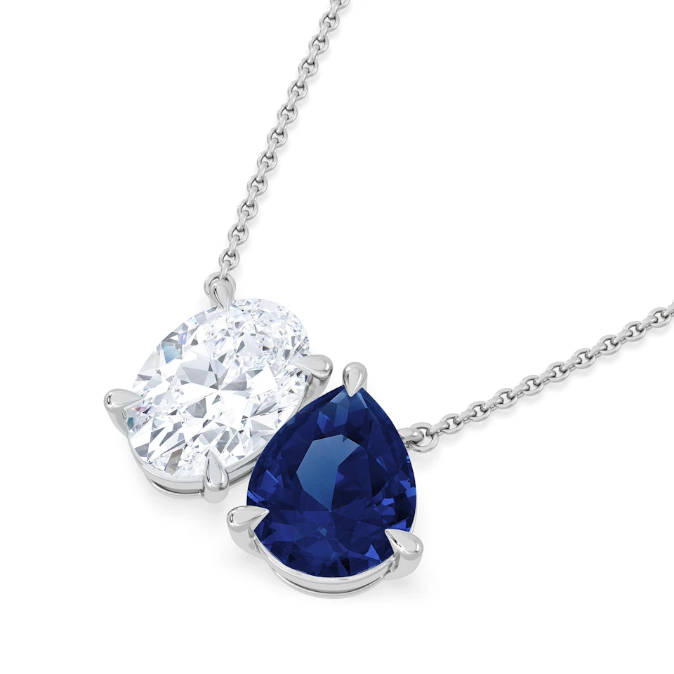 Toi Et Moi 1.50ct Oval Lab Diamond and 2.50ct Pear Lab Sapphire Necklace in 18K White Gold