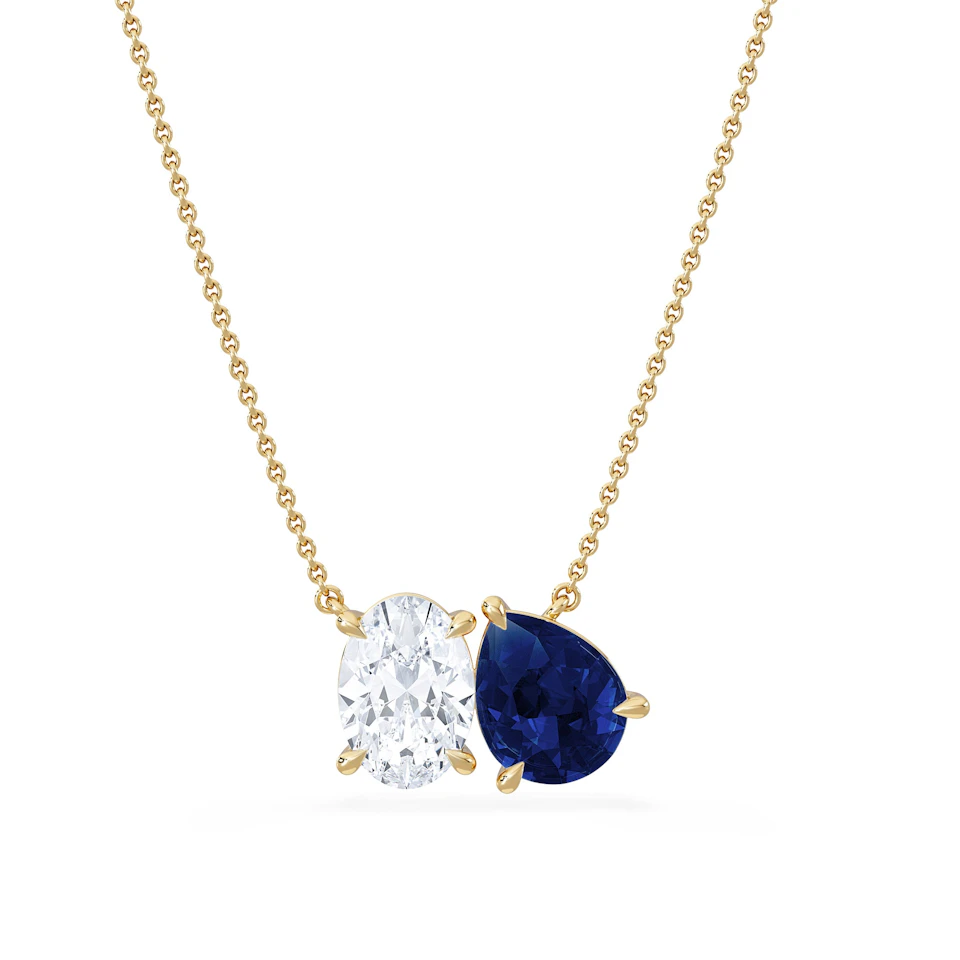 Toi Et Moi 1.50ct Oval Lab Diamond and 2.50ct Pear Lab Sapphire Necklace in 18K Yellow Gold
