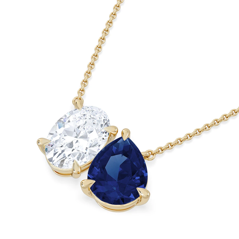 Toi Et Moi 1.50ct Oval Lab Diamond and 2.50ct Pear Lab Sapphire Necklace in 18K Yellow Gold