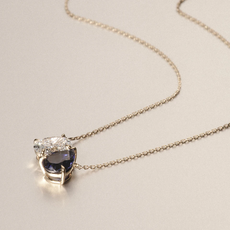 Toi Et Moi 1.50ct Oval Lab Diamond and 2.50ct Pear Lab Sapphire Necklace in 18K Yellow Gold