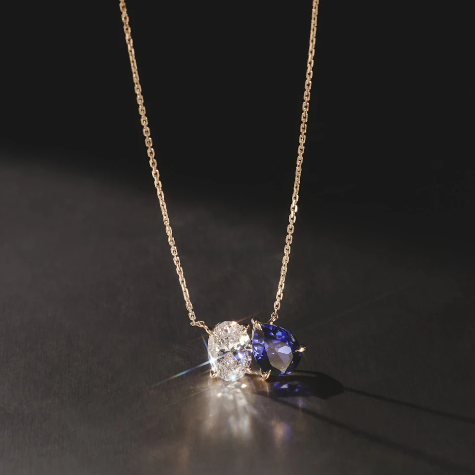 Toi Et Moi 1.50ct Oval Lab Diamond and 2.50ct Pear Lab Sapphire Necklace in 18K Yellow Gold