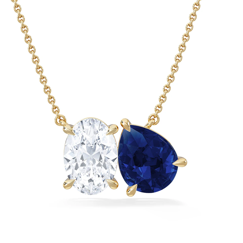 Toi Et Moi 1.50ct Oval Lab Diamond and 2.50ct Pear Lab Sapphire Necklace in 18K Yellow Gold