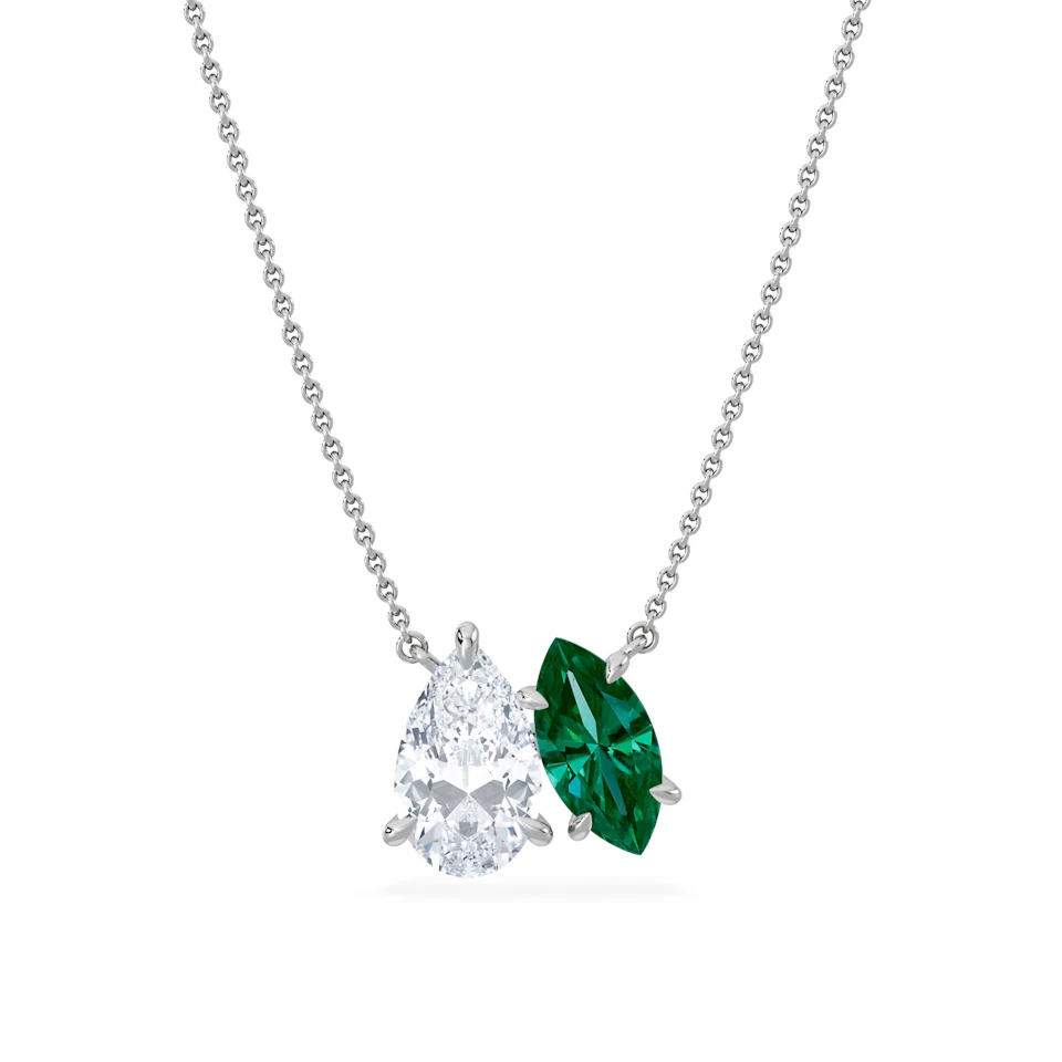 Toi Et Moi 1.50ct Pear Lab Diamond and 1.30ct Marquise Lab Emerald Necklace in 18K White Gold