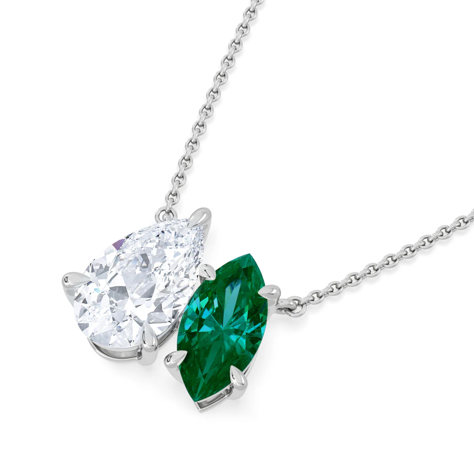 Toi Et Moi 1.50ct Pear Lab Diamond and 1.30ct Marquise Lab Emerald Necklace in 18K White Gold