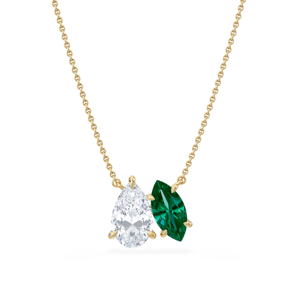 Toi Et Moi 1.50ct Pear Lab Diamond and 1.30ct Marquise Lab Emerald Necklace in 18K Yellow Gold