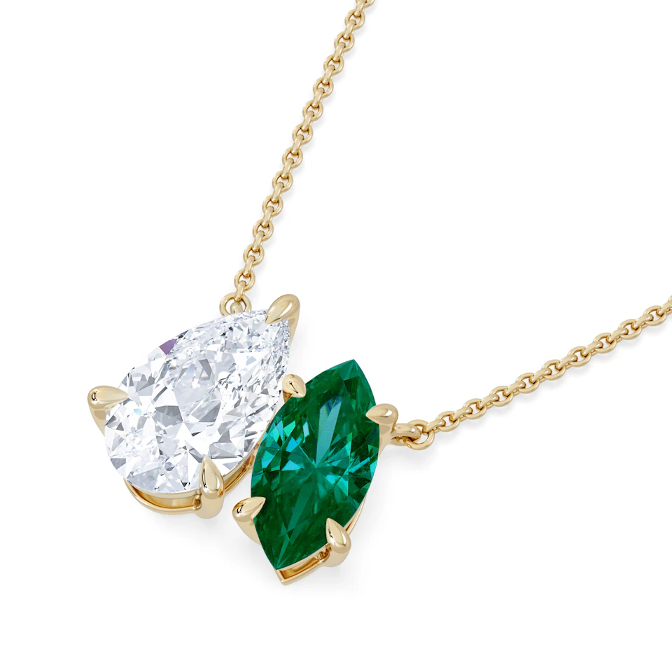 Toi Et Moi 1.50ct Pear Lab Diamond and 1.30ct Marquise Lab Emerald Necklace in 18K Yellow Gold