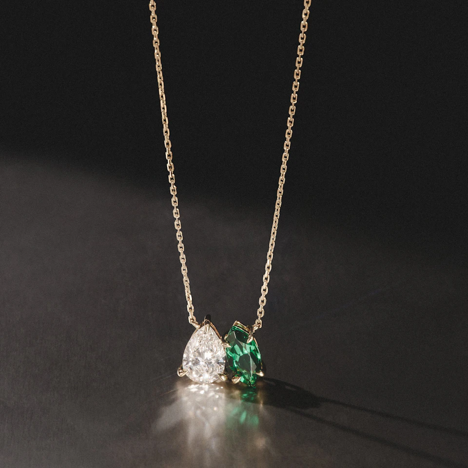 Toi Et Moi 1.50ct Pear Lab Diamond and 1.30ct Marquise Lab Emerald Necklace in 18K Yellow Gold