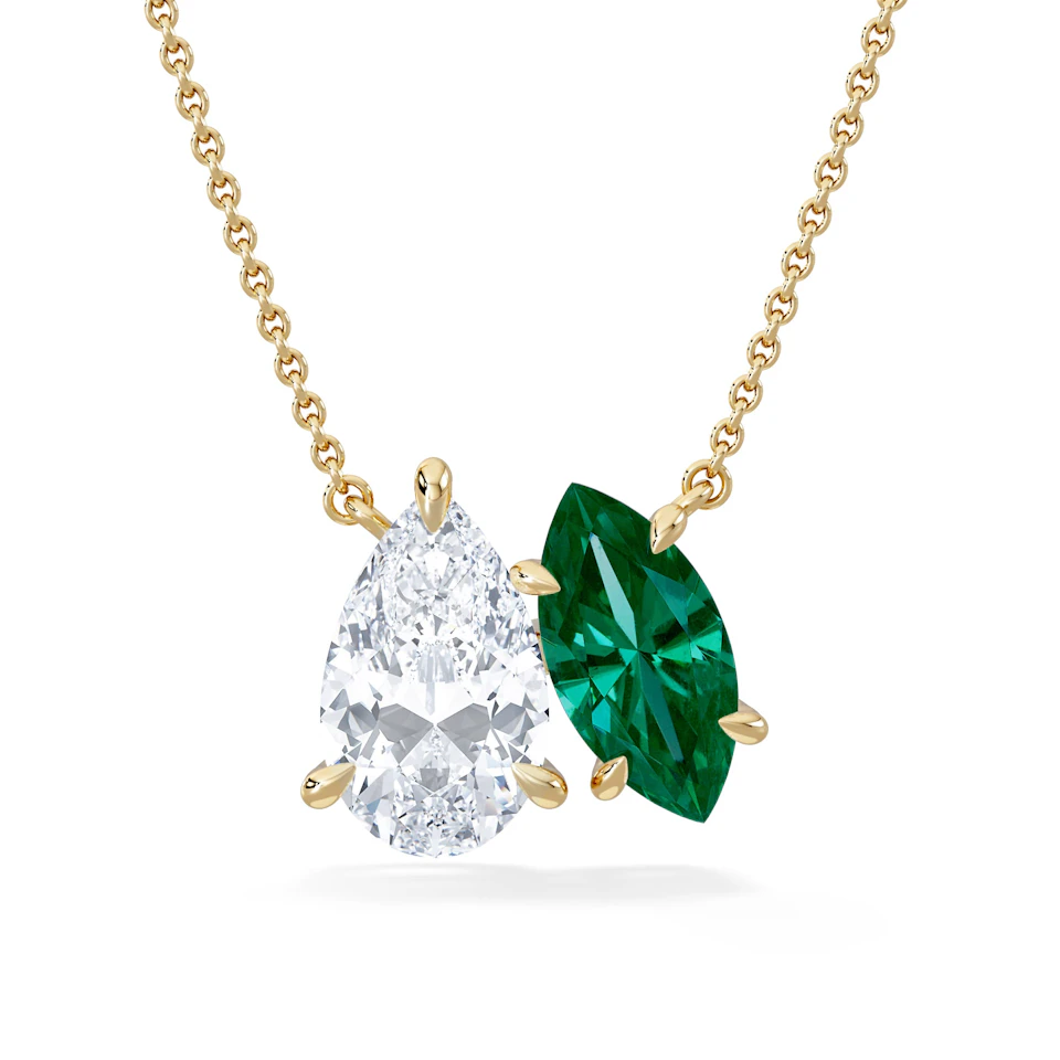Toi Et Moi 1.50ct Pear Lab Diamond and 1.30ct Marquise Lab Emerald Necklace in 18K Yellow Gold