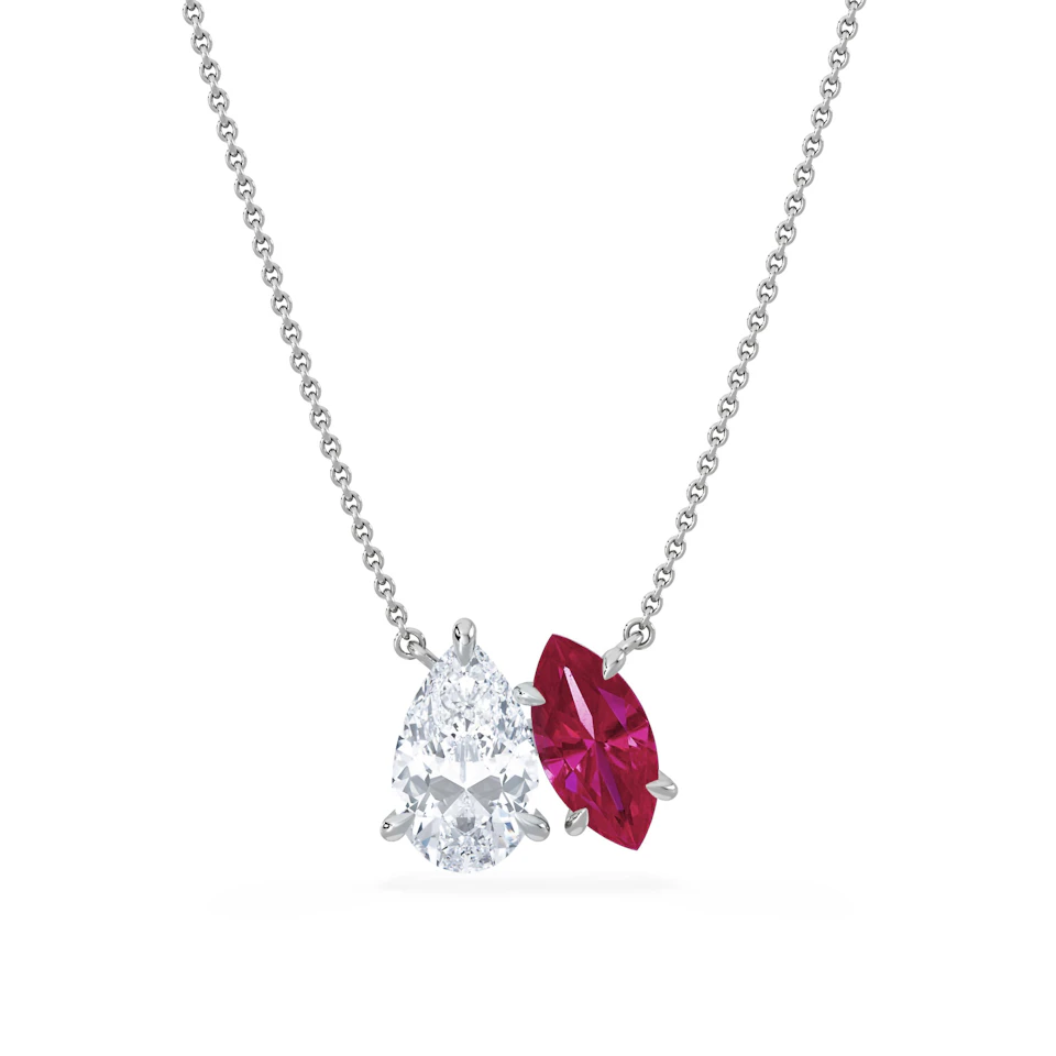 Toi Et Moi 1.50ct Pear Lab Diamond and 1.30ct Marquise Lab Ruby Necklace in 18K White Gold