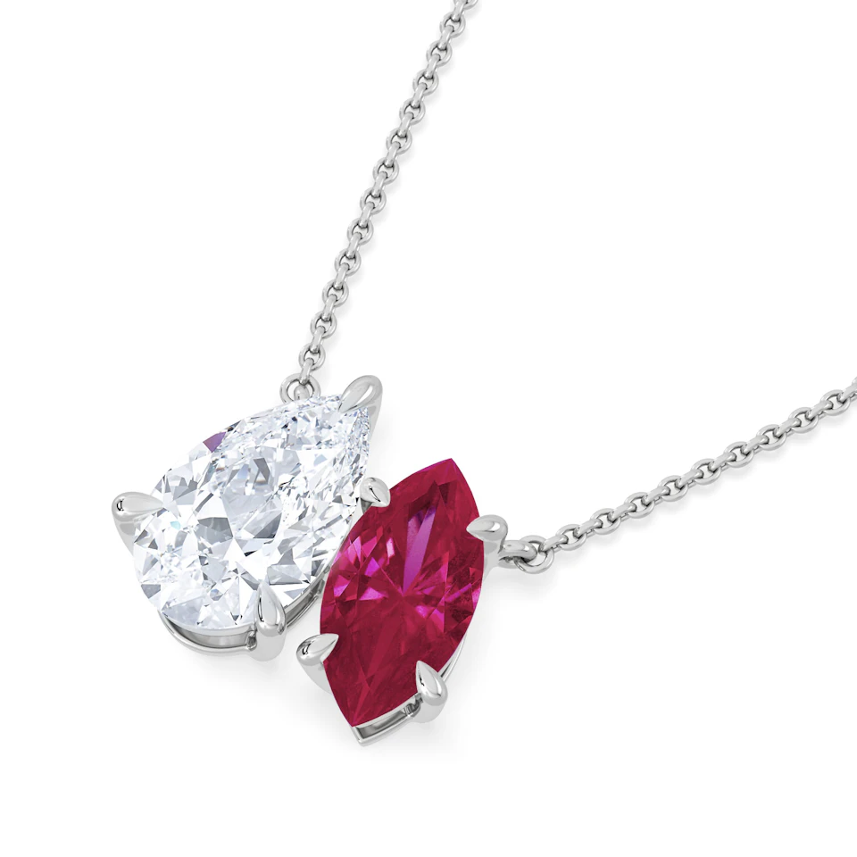 Toi Et Moi 1.50ct Pear Lab Diamond and 1.30ct Marquise Lab Ruby Necklace in 18K White Gold