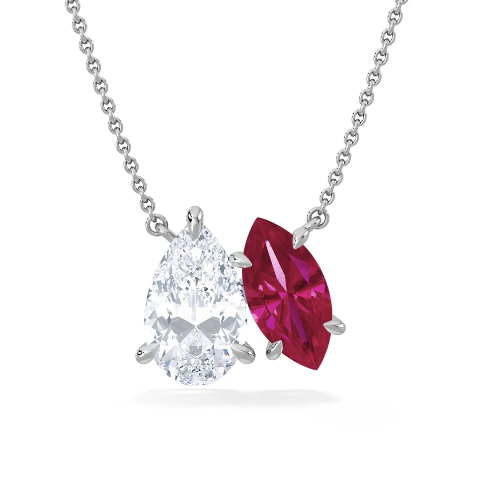Toi Et Moi 1.50ct Pear Lab Diamond and 1.30ct Marquise Lab Ruby Necklace in 18K White Gold