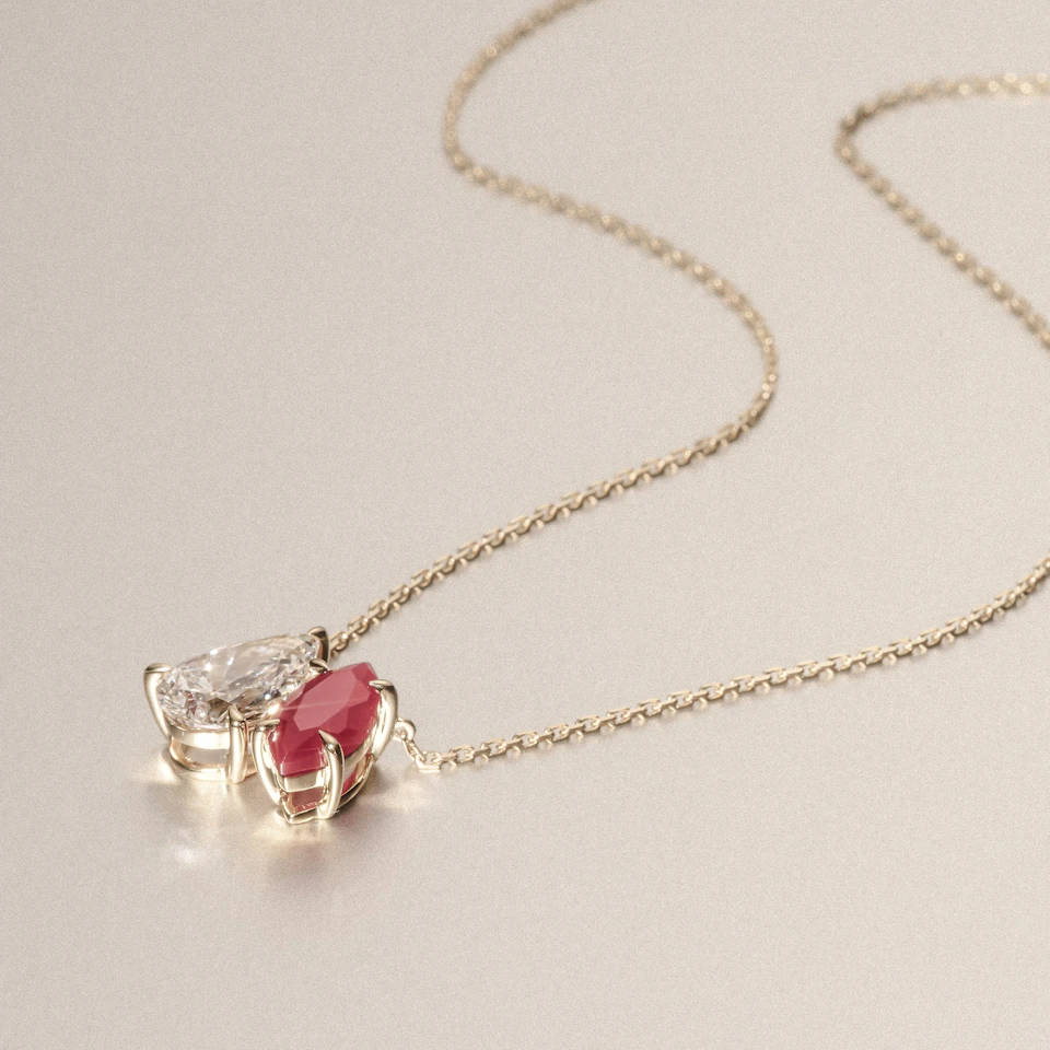 Toi Et Moi 1.50ct Pear Lab Diamond and 1.30ct Marquise Lab Ruby Necklace in 18K Yellow Gold