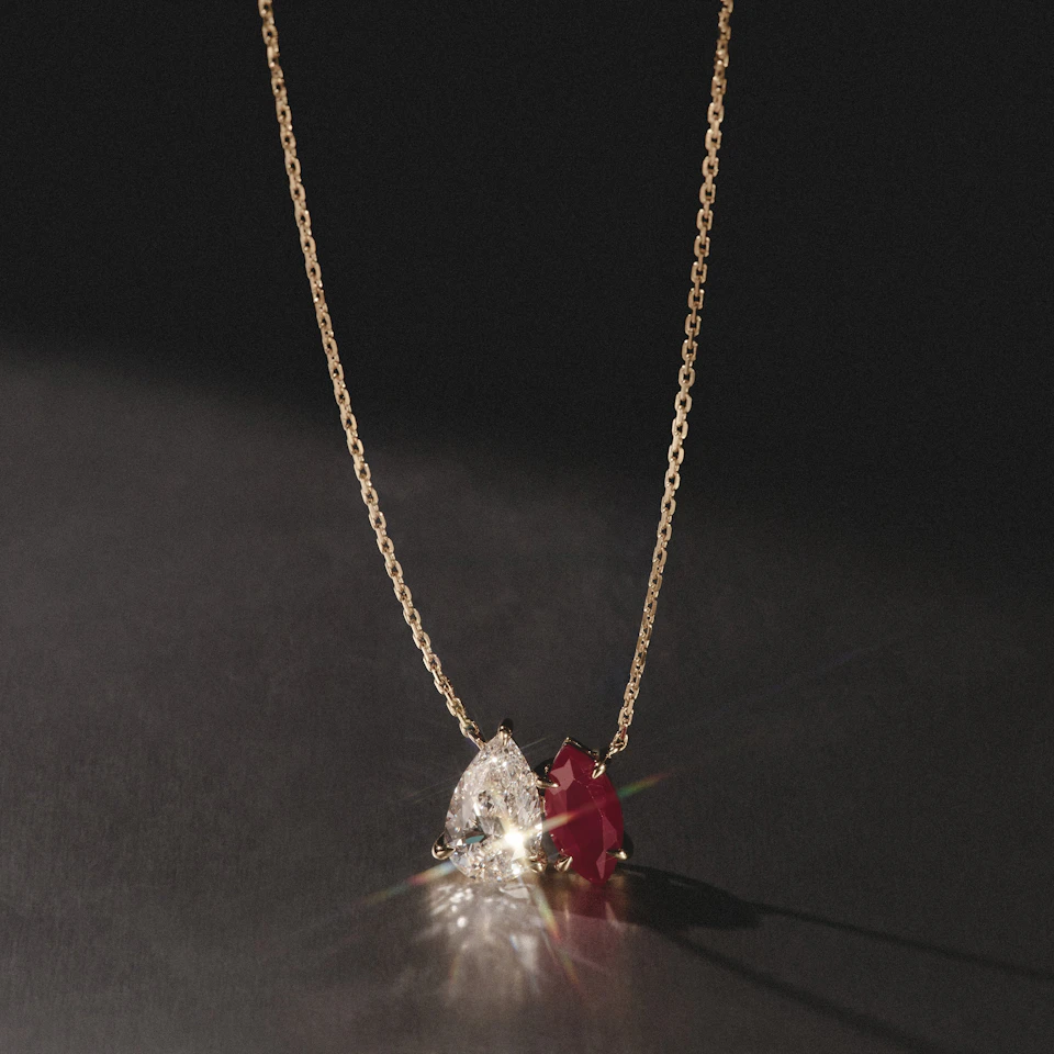 Toi Et Moi 1.50ct Pear Lab Diamond and 1.30ct Marquise Lab Ruby Necklace in 18K Yellow Gold
