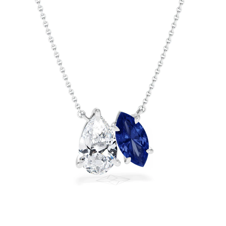 Toi Et Moi 1.50ct Pear Lab Diamond and 1.30ct Marquise Lab Sapphire Necklace in 18K White Gold