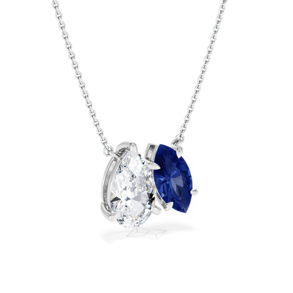 Toi Et Moi 1.50ct Pear Lab Diamond and 1.30ct Marquise Lab Sapphire Necklace in 18K White Gold