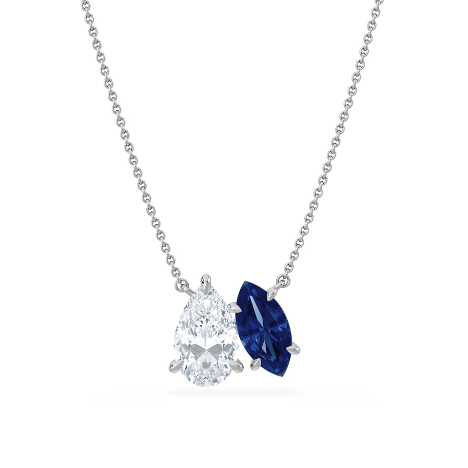 Toi Et Moi 1.50ct Pear Lab Diamond and 1.30ct Marquise Lab Sapphire Necklace in 18K White Gold