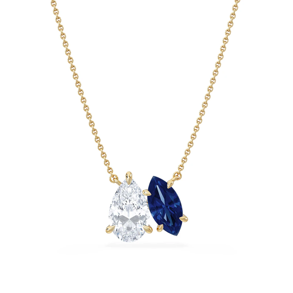 Toi Et Moi 1.50ct Pear Lab Diamond and 1.30ct Marquise Lab Sapphire Necklace in 18K Yellow Gold