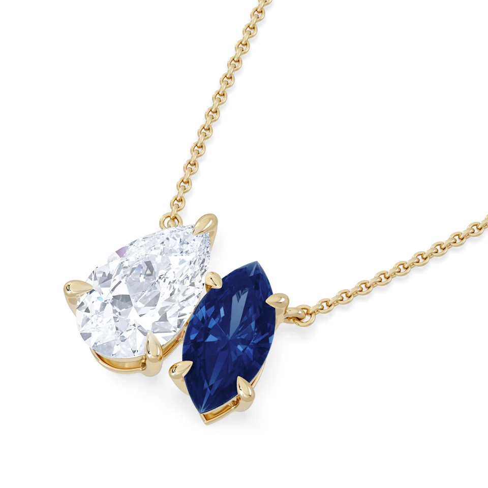 Toi Et Moi 1.50ct Pear Lab Diamond and 1.30ct Marquise Lab Sapphire Necklace in 18K Yellow Gold