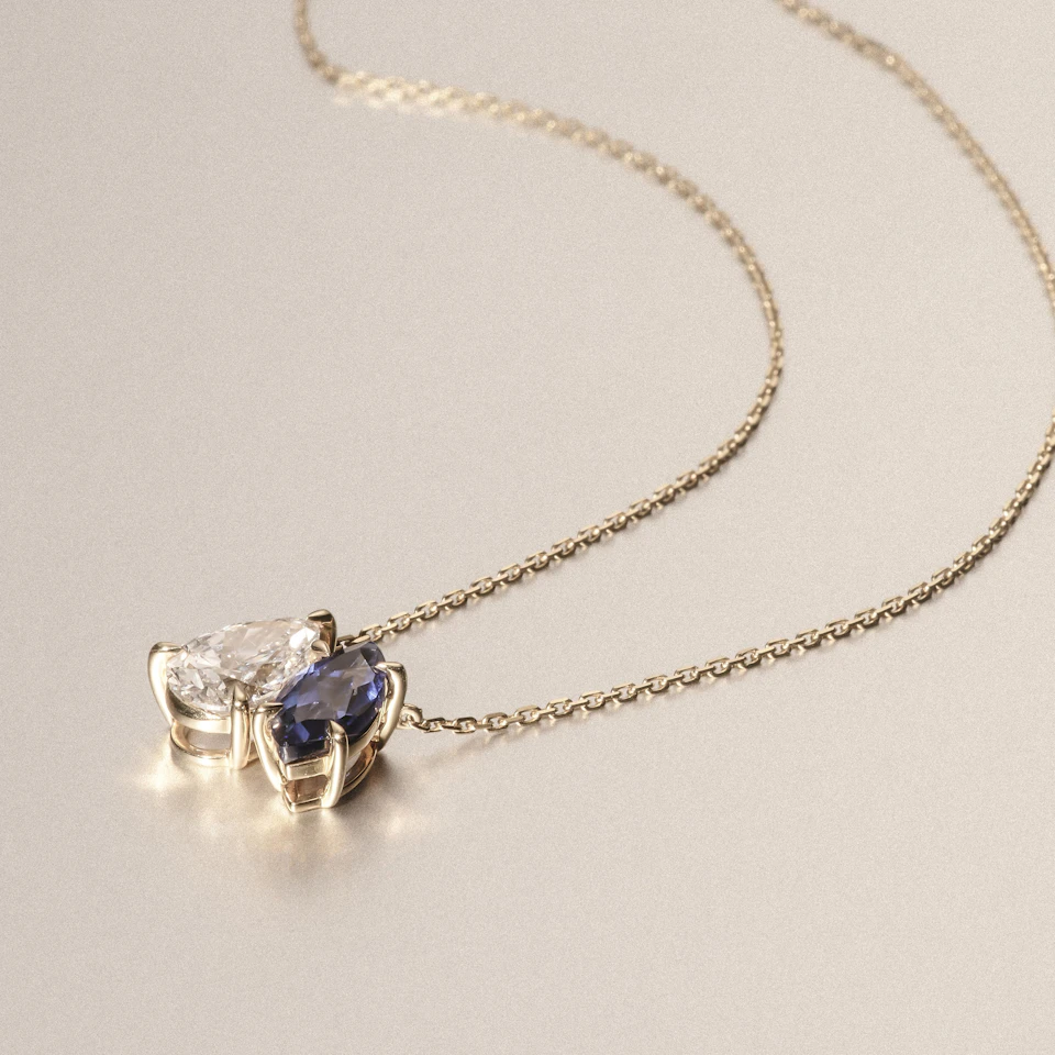 Toi Et Moi 1.50ct Pear Lab Diamond and 1.30ct Marquise Lab Sapphire Necklace in 18K Yellow Gold