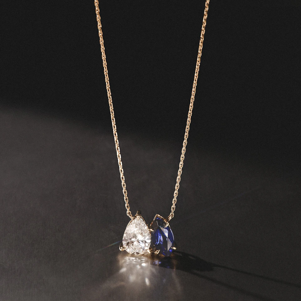 Toi Et Moi 1.50ct Pear Lab Diamond and 1.30ct Marquise Lab Sapphire Necklace in 18K Yellow Gold