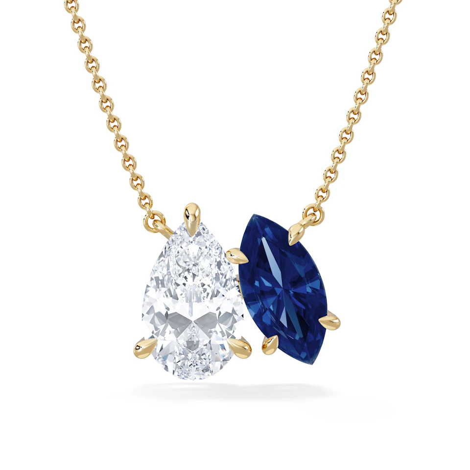 Toi Et Moi 1.50ct Pear Lab Diamond and 1.30ct Marquise Lab Sapphire Necklace in 18K Yellow Gold