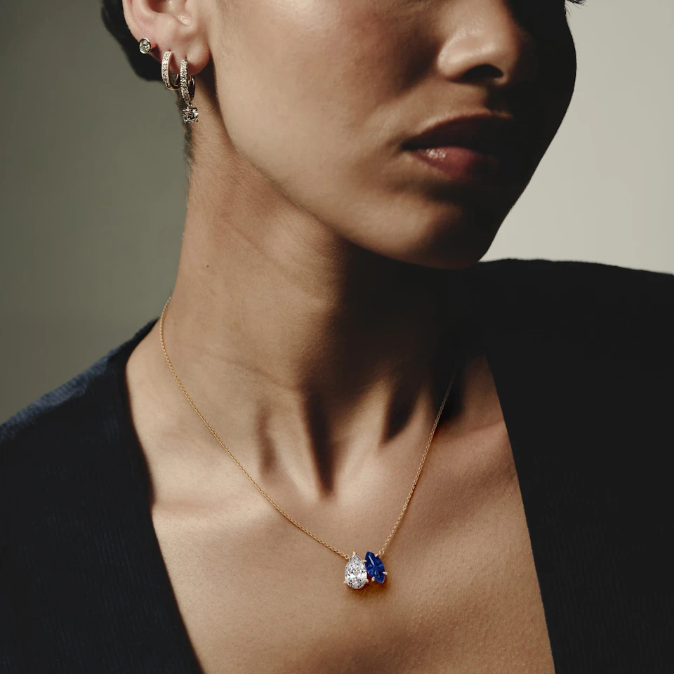 Toi Et Moi 1.50ct Pear Lab Diamond and 1.30ct Marquise Lab Sapphire Necklace in 18K Yellow Gold