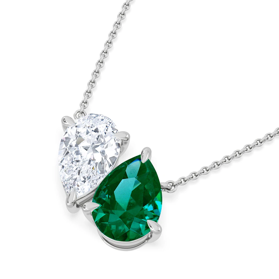 Toi Et Moi 1.50ct Pear Lab Diamond and 2.50ct Pear Lab Emerald Necklace in 18K White Gold