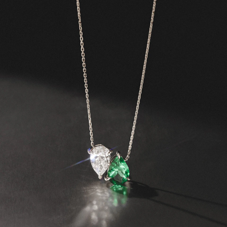 Toi Et Moi 1.50ct Pear Lab Diamond and 2.50ct Pear Lab Emerald Necklace in 18K White Gold
