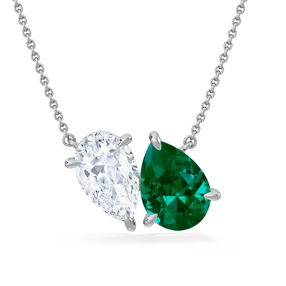 Toi Et Moi 1.50ct Pear Lab Diamond and 2.50ct Pear Lab Emerald Necklace in 18K White Gold