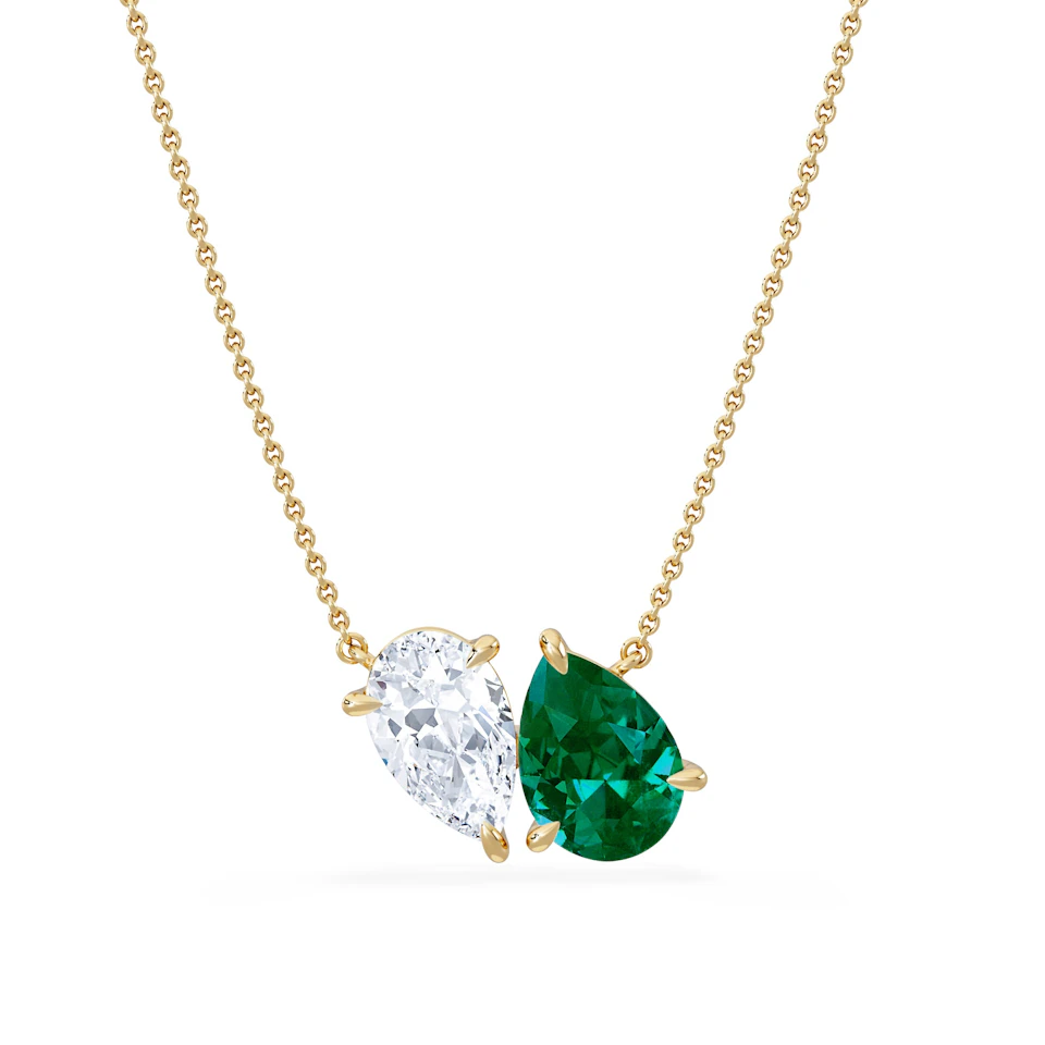Toi Et Moi 1.50ct Pear Lab Diamond and 2.50ct Pear Lab Emerald Necklace in 18K Yellow Gold